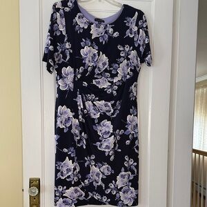 Connected Apparel Faux Wrap Dress 18W Navy Purple Floral Cinched Waist Plus Size